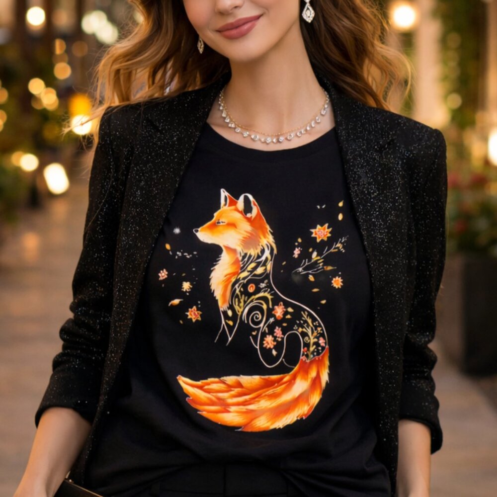 Floral Fox Graphic Tee – Artistic Cotton T-Shirt Black – Size [S/M/L/XL] NEW - Picture 8 of 11